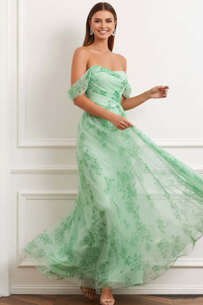 Light Green Floral Chiffon A Line Maxi Flowy Wedding Guest Dress