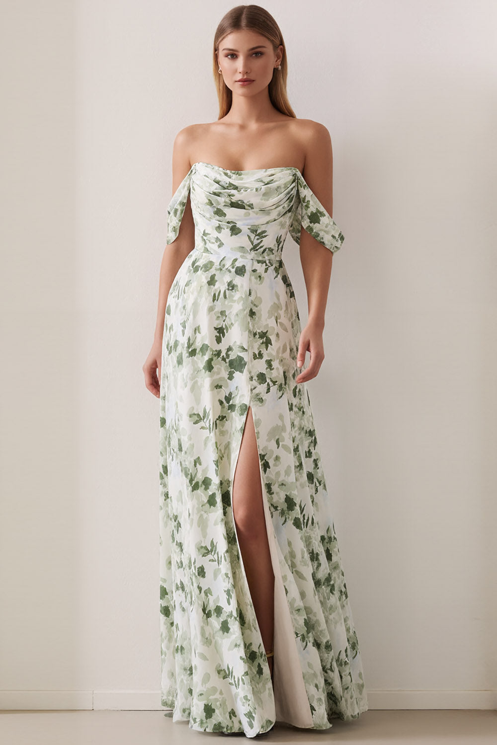 Floral Green Off the Shoulder Ruched Long Bridesmaid Dress with Slit
