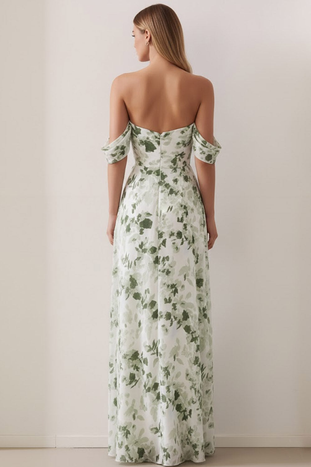 Floral Green Off the Shoulder Ruched Long Bridesmaid Dress with Slit