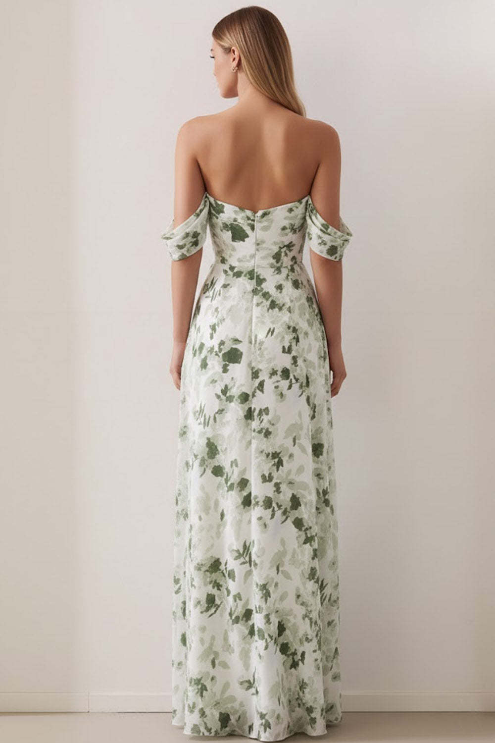 Floral Green Off the Shoulder Ruched Long Bridesmaid Dress with Slit