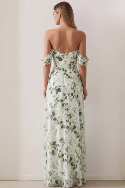 Floral Green Off the Shoulder Ruched Long Bridesmaid Dress with Slit