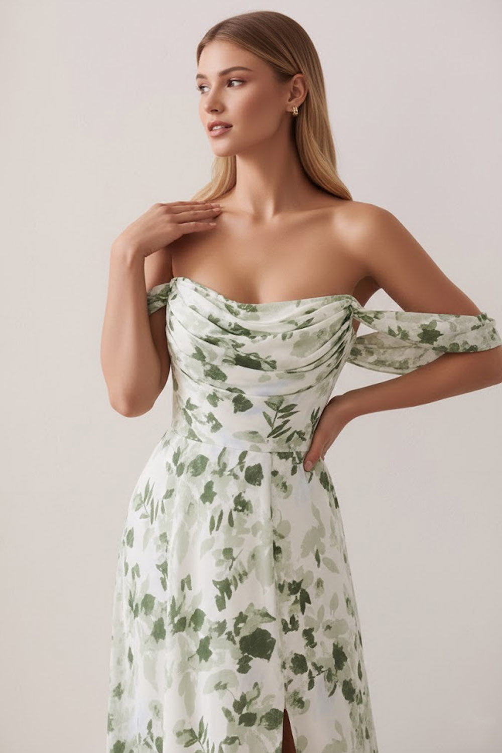 Floral Green Off the Shoulder Ruched Long Bridesmaid Dress with Slit
