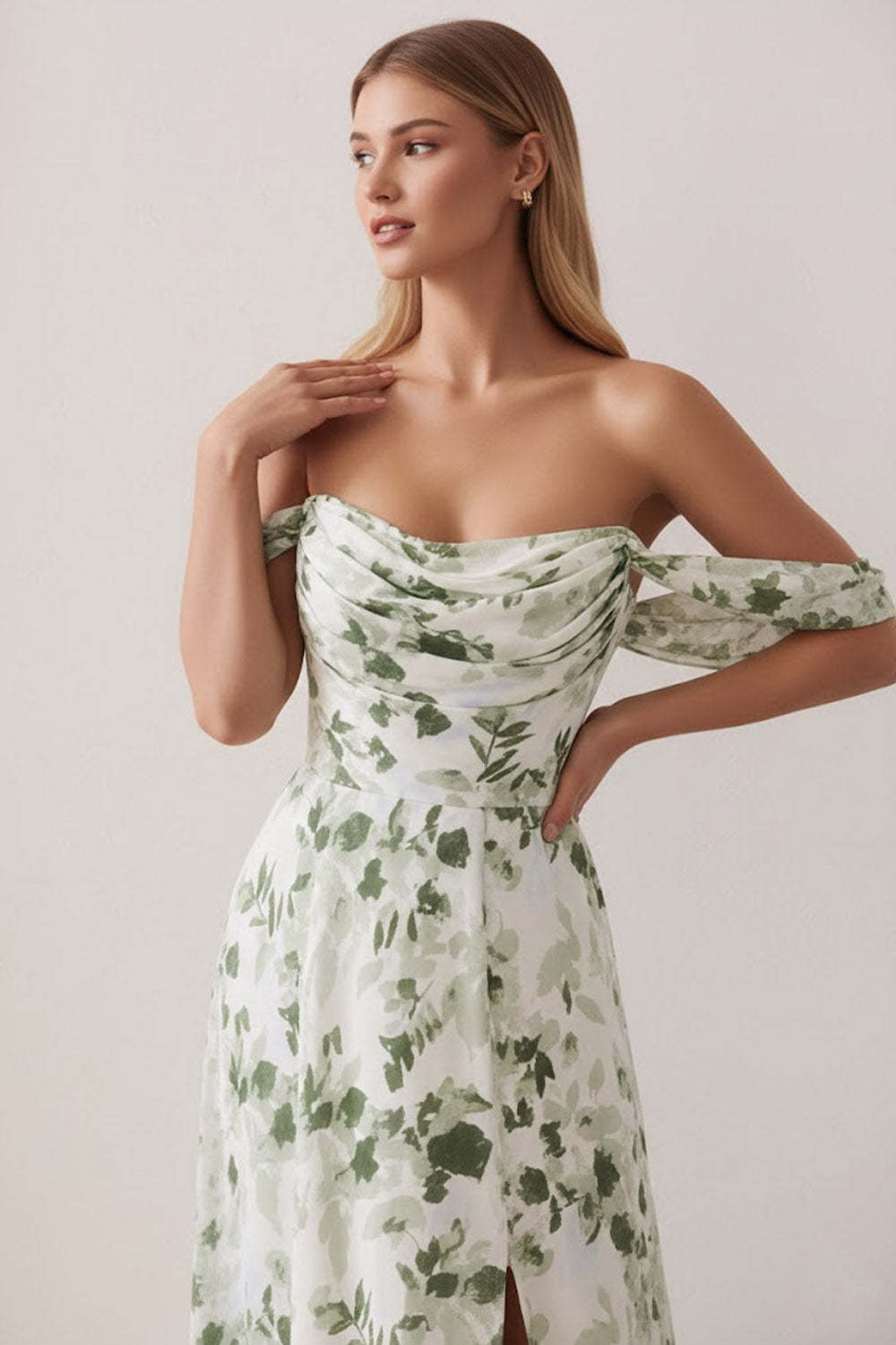 Floral Green Off the Shoulder Ruched Long Bridesmaid Dress with Slit