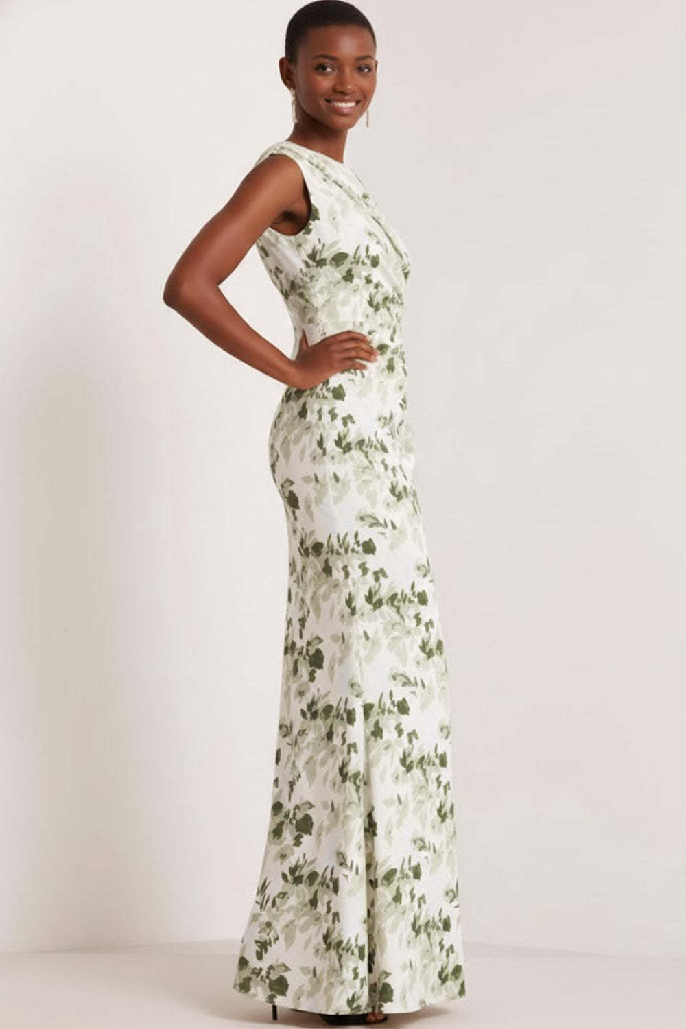 Floral Green Mermaid Bateau Neck Ruched Long Bridesmaid Dress