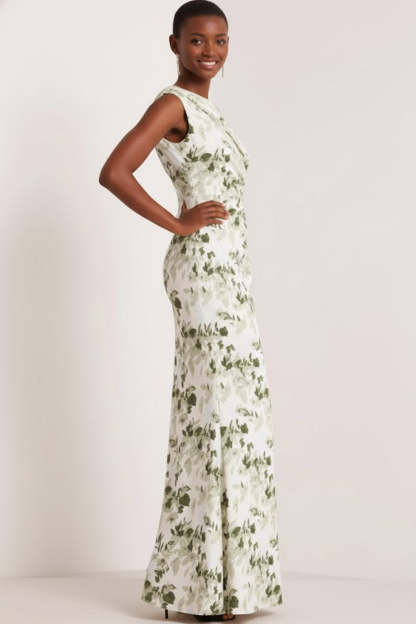 Floral Green Mermaid Bateau Neck Ruched Long Bridesmaid Dress