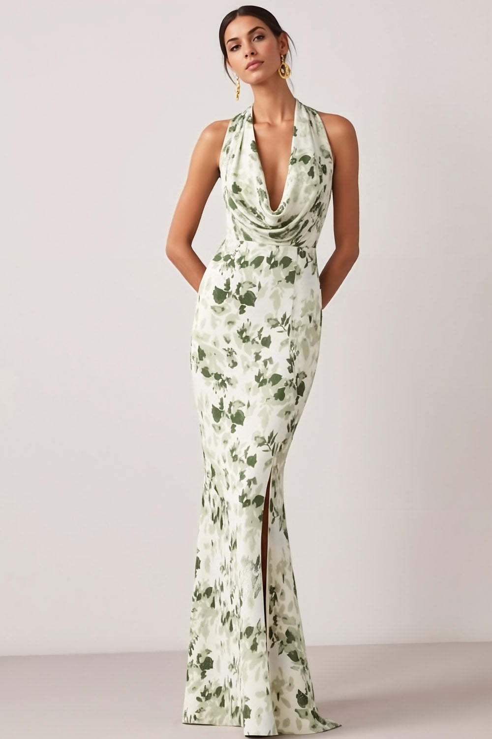 Leely Women Floral Green Long Bridesmaid Dress Mermaid Halter Neck Wedding Guest Dress with Slit
