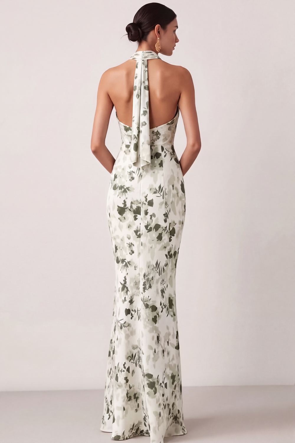 Floral Green Mermaid Halter Neck Long Bridesmaid Dress with Slit