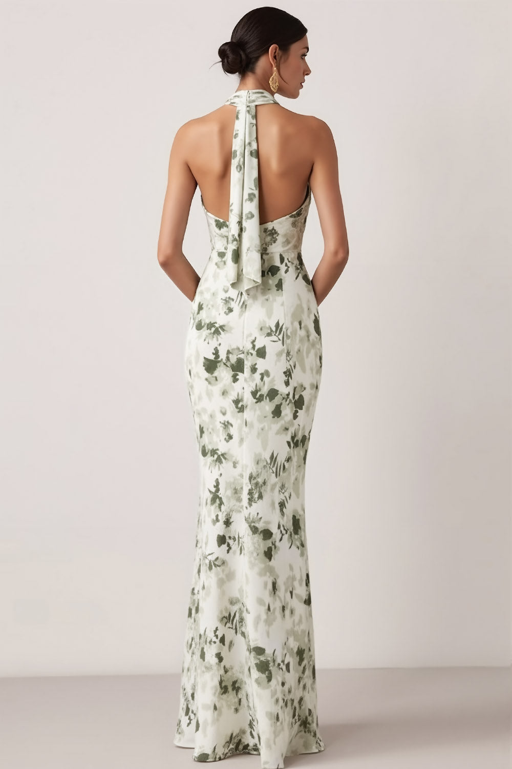Floral Green Mermaid Halter Neck Long Bridesmaid Dress with Slit