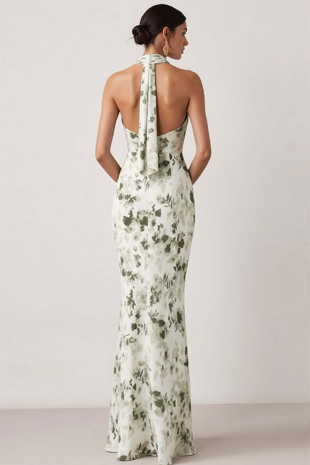 Floral Green Mermaid Halter Neck Long Bridesmaid Dress with Slit