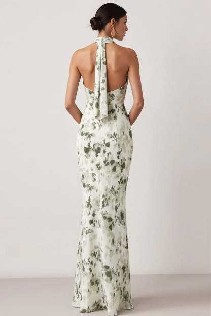 Floral Green Mermaid Halter Neck Long Bridesmaid Dress with Slit