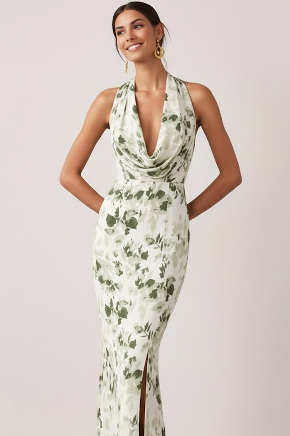 Floral Green Mermaid Halter Neck Long Bridesmaid Dress with Slit