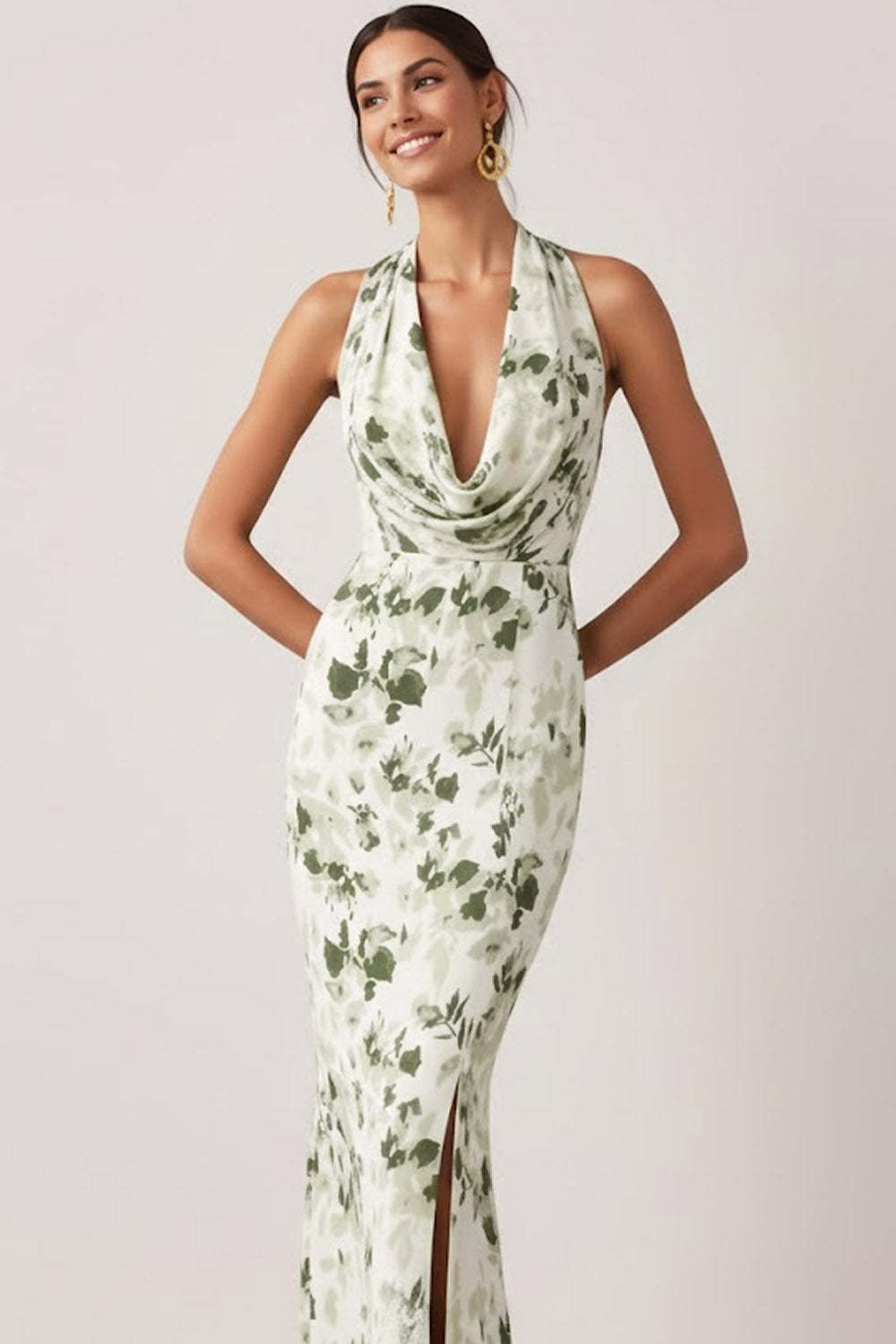 Floral Green Mermaid Halter Neck Long Bridesmaid Dress with Slit