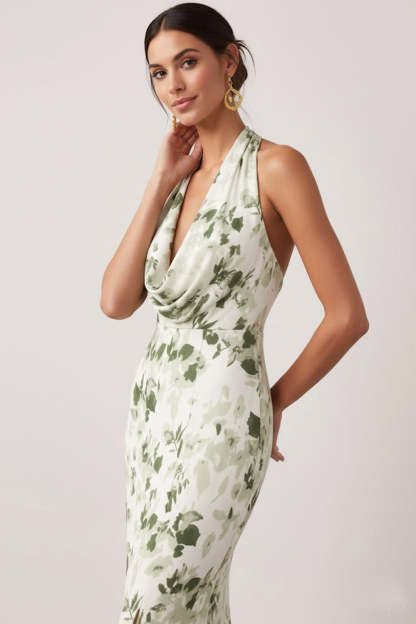 Floral Green Mermaid Halter Neck Long Bridesmaid Dress with Slit