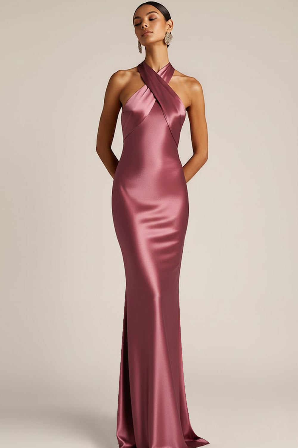 Vintage Rose Halter Neck Mermaid Maxi Bridesmaid Dress