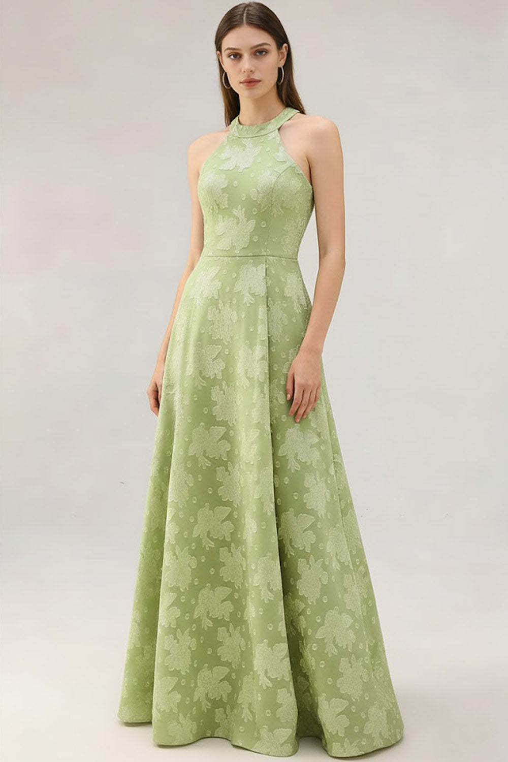 Leely Women Floral Light Green Long Wedding Guest Dress A Line Jacquard Halter Backless Prom Dress