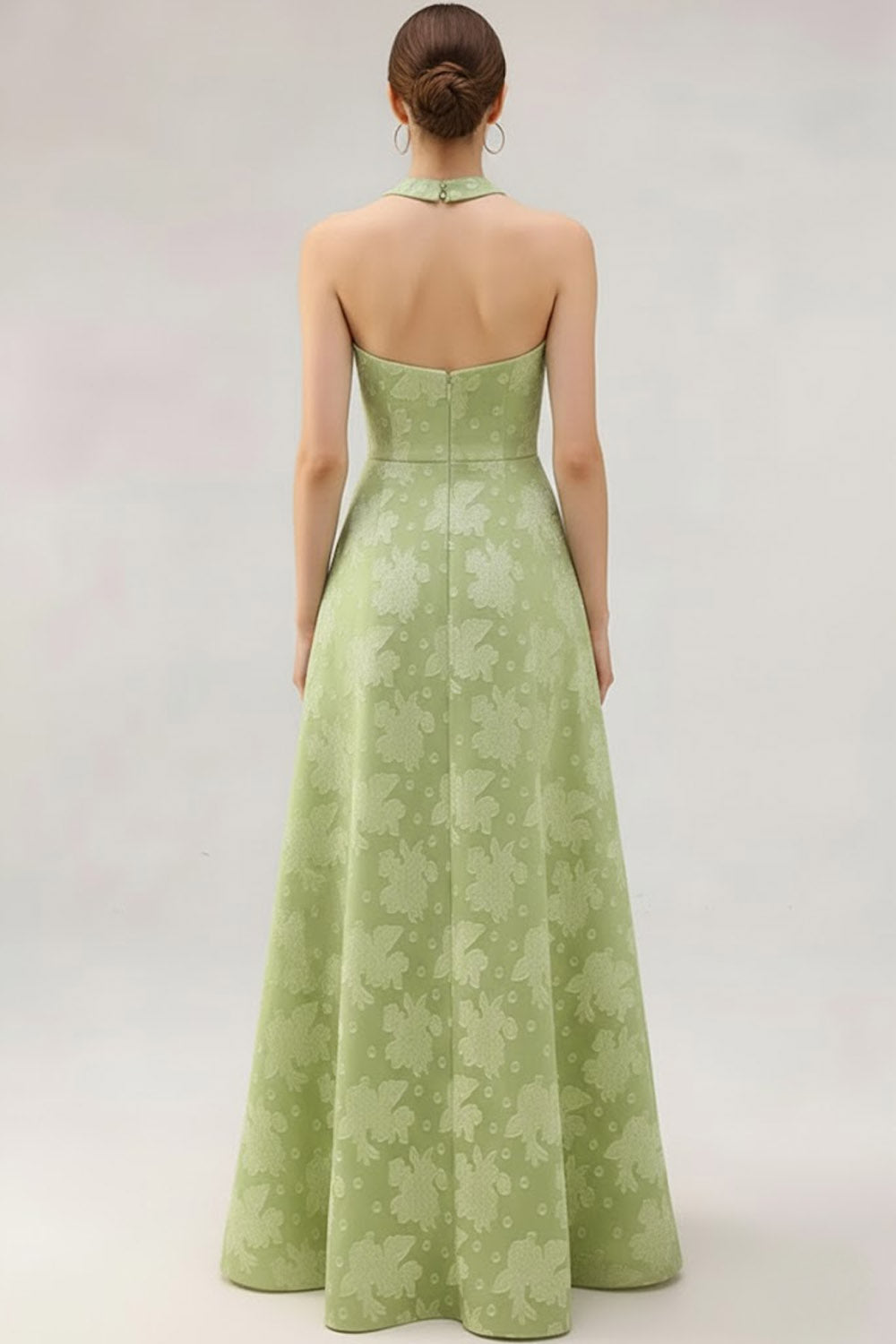 Light Green Halter Jacquard Long A Line Wedding Guest Dress