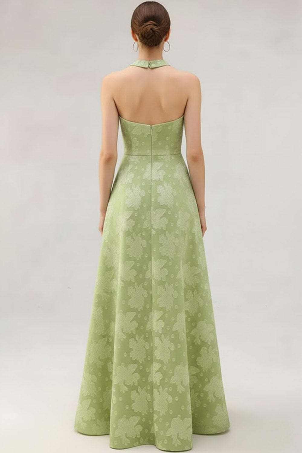 Light Green Halter Jacquard Long A Line Wedding Guest Dress