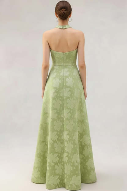 Light Green Halter Jacquard Long A Line Wedding Guest Dress
