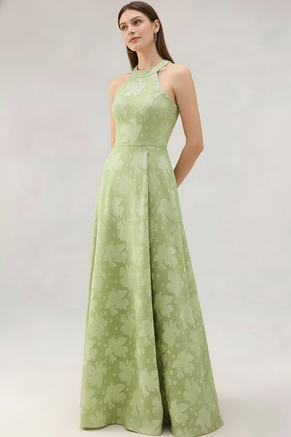 Light Green Halter Jacquard Long A Line Wedding Guest Dress