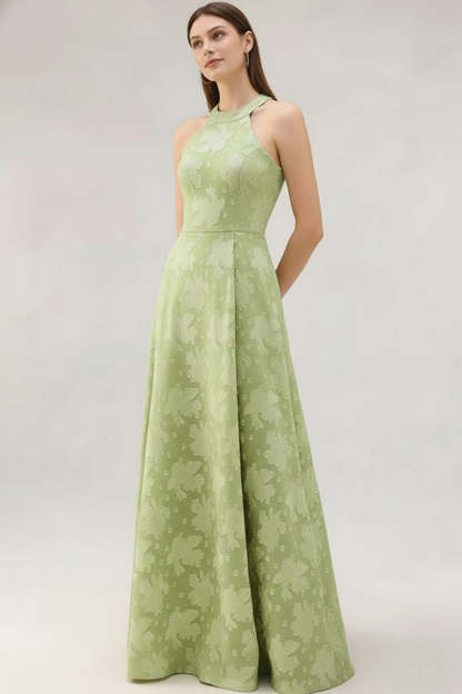 Light Green Halter Jacquard Long A Line Wedding Guest Dress