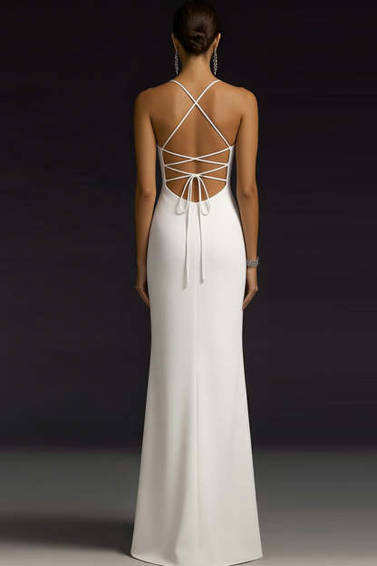 Simple White Spaghetti Straps Maxi Wedding Reception Dress