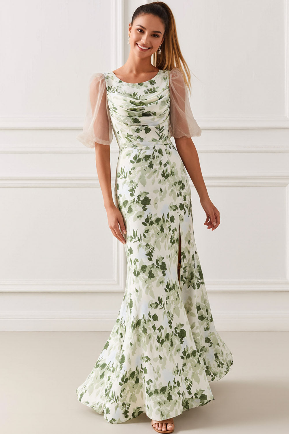 Floral Green Scoop Neck Maxi Bridesmaid Dress with Sleeves