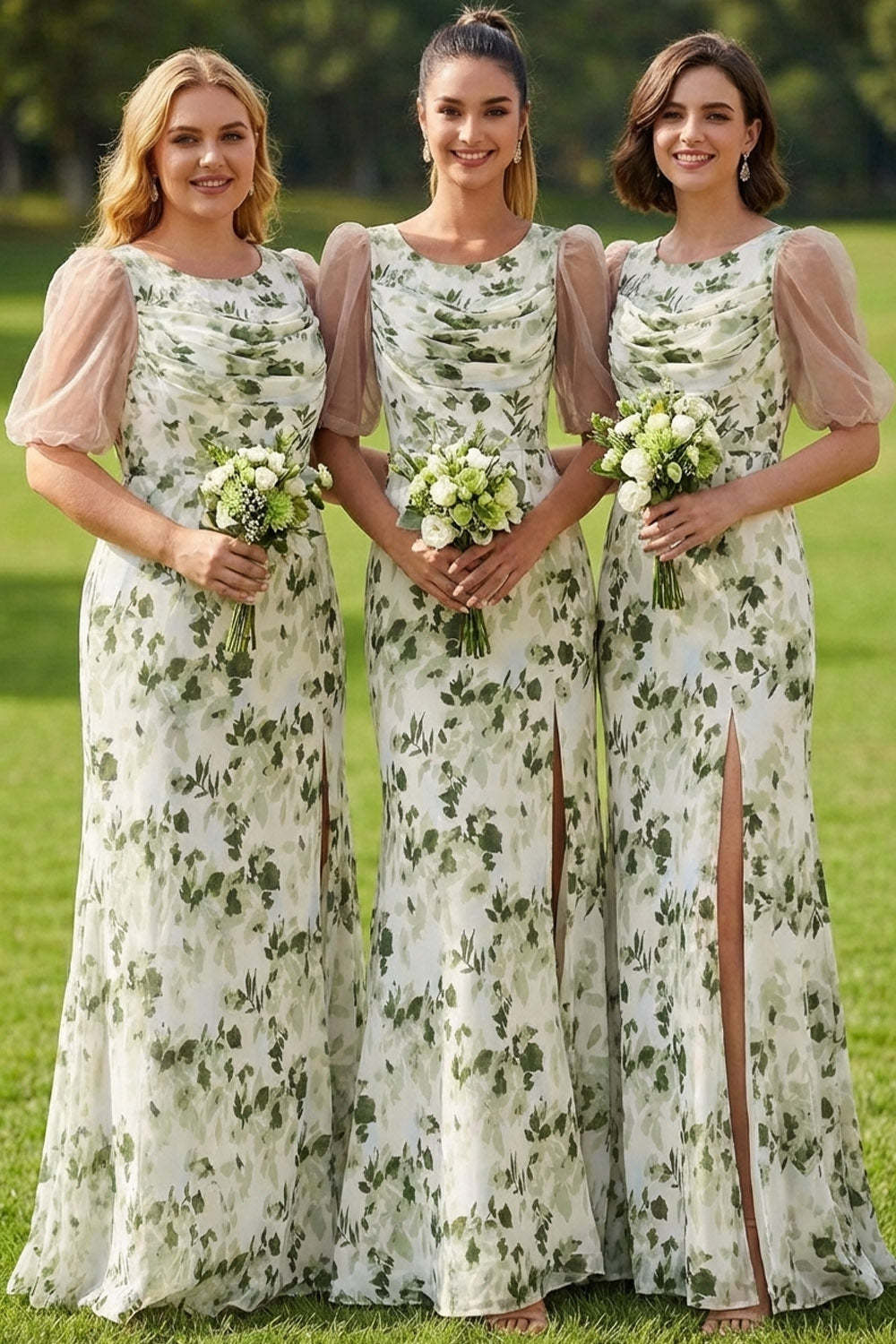 Floral Green Scoop Neck Maxi Bridesmaid Dress with Sleeves