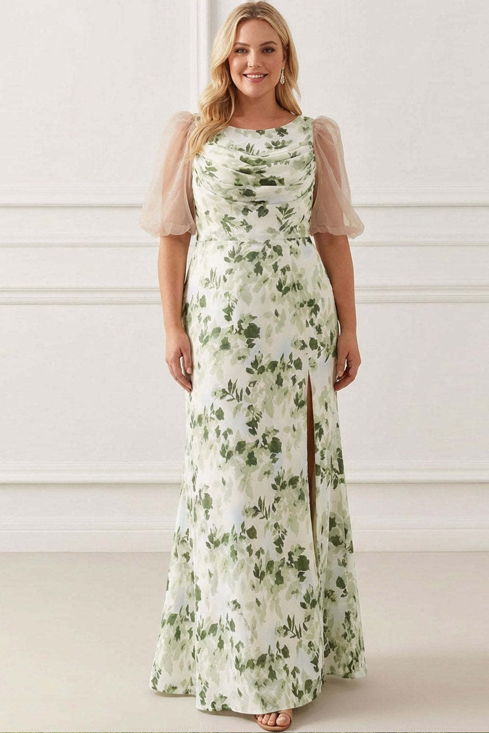 Floral Green Scoop Neck Maxi Bridesmaid Dress with Sleeves