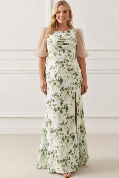 Floral Green Scoop Neck Maxi Bridesmaid Dress with Sleeves
