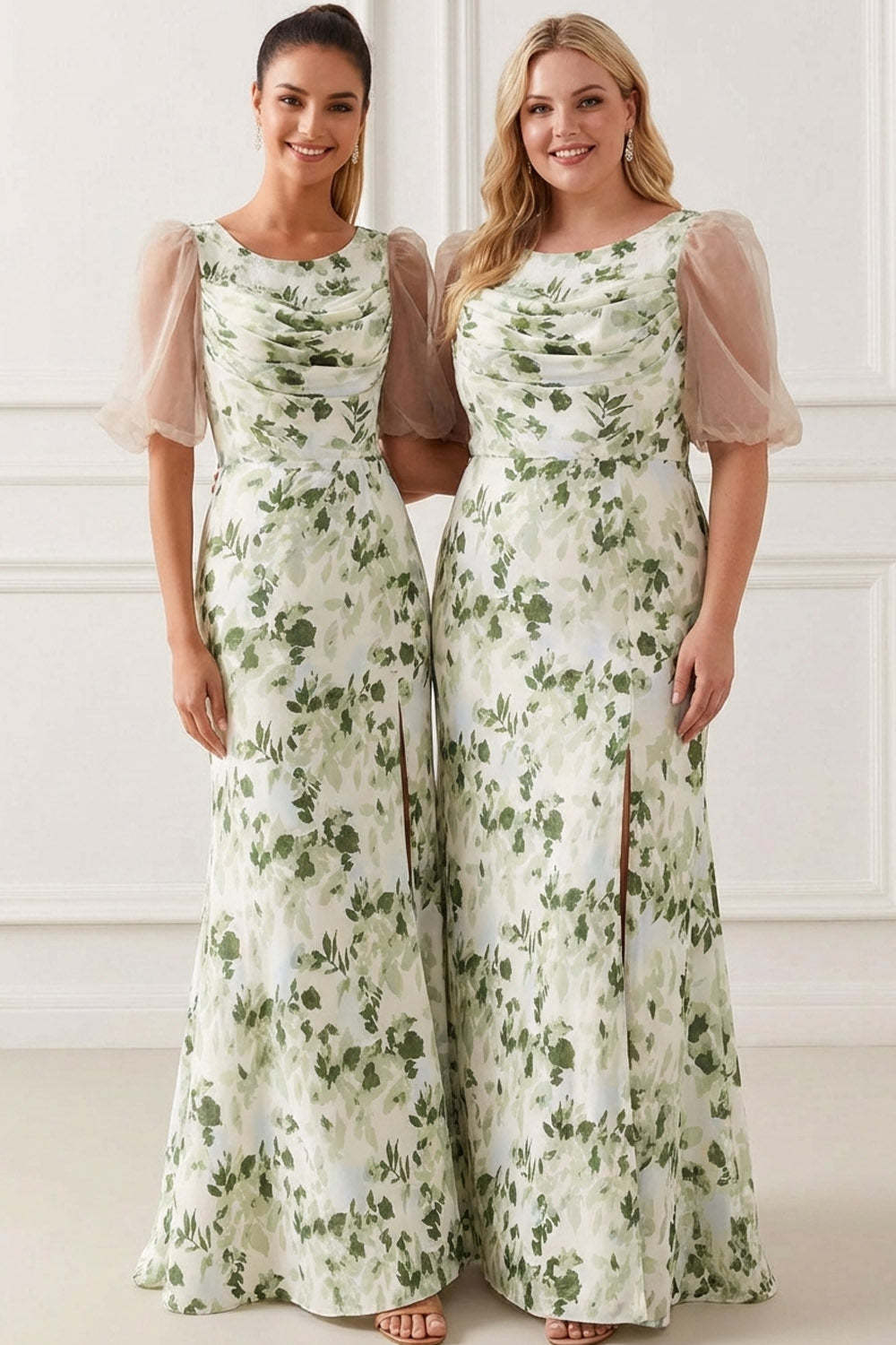 Floral Green Scoop Neck Maxi Bridesmaid Dress with Sleeves
