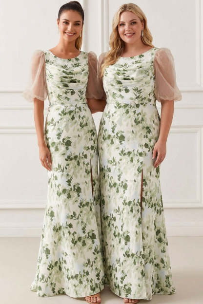 Floral Green Scoop Neck Maxi Bridesmaid Dress with Sleeves