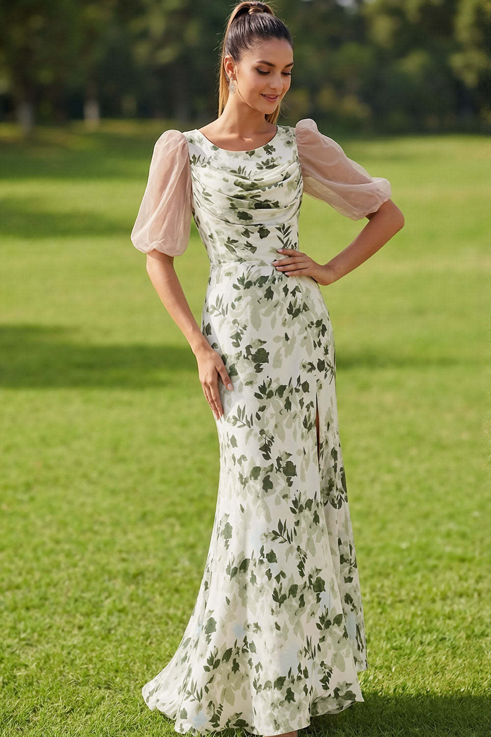 Floral Green Scoop Neck Maxi Bridesmaid Dress with Sleeves