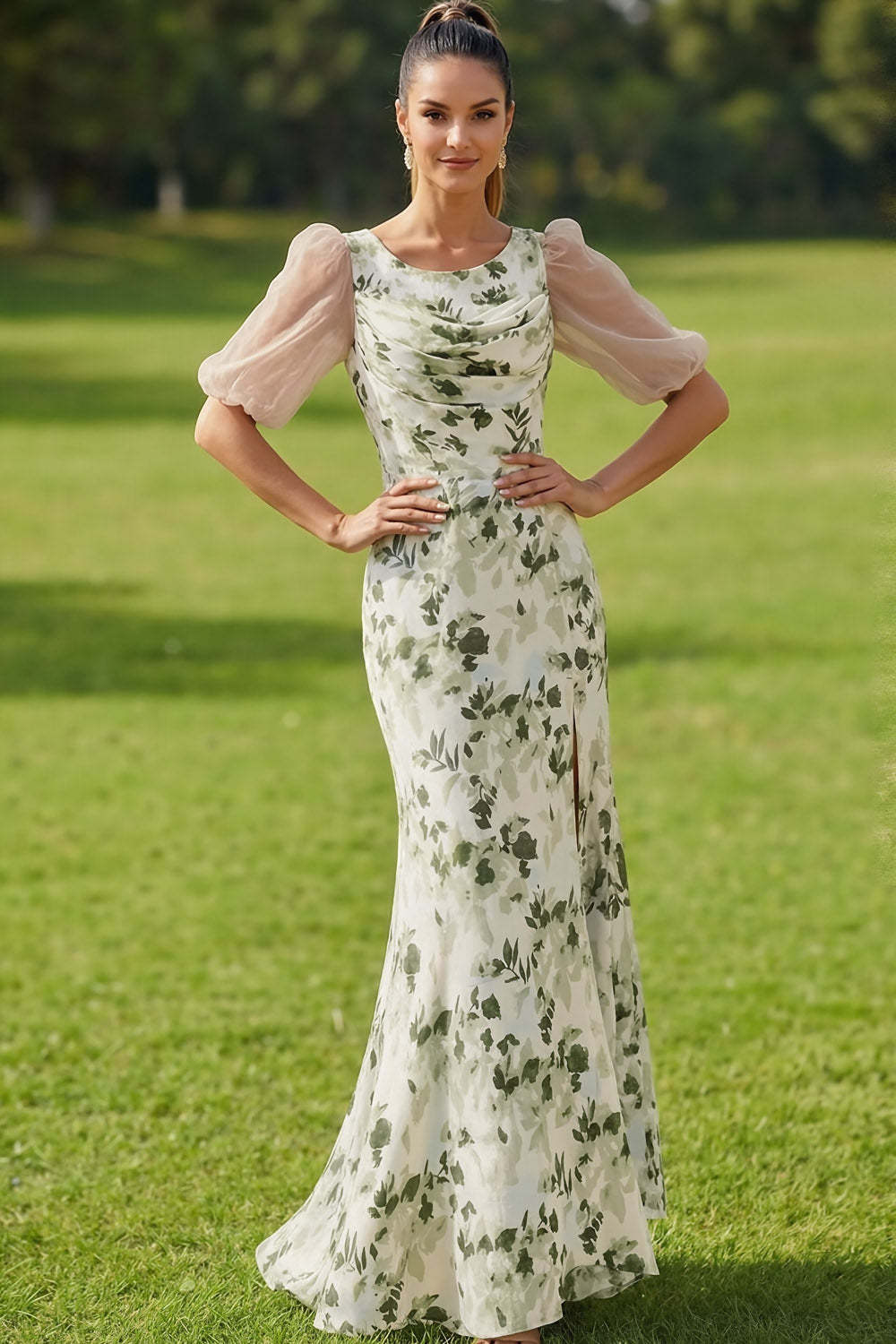 Floral Green Scoop Neck Maxi Bridesmaid Dress with Sleeves