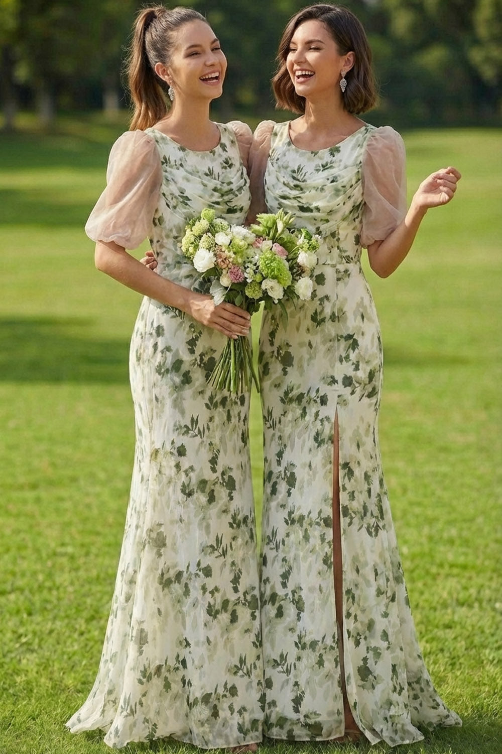 Floral Green Scoop Neck Maxi Bridesmaid Dress with Sleeves