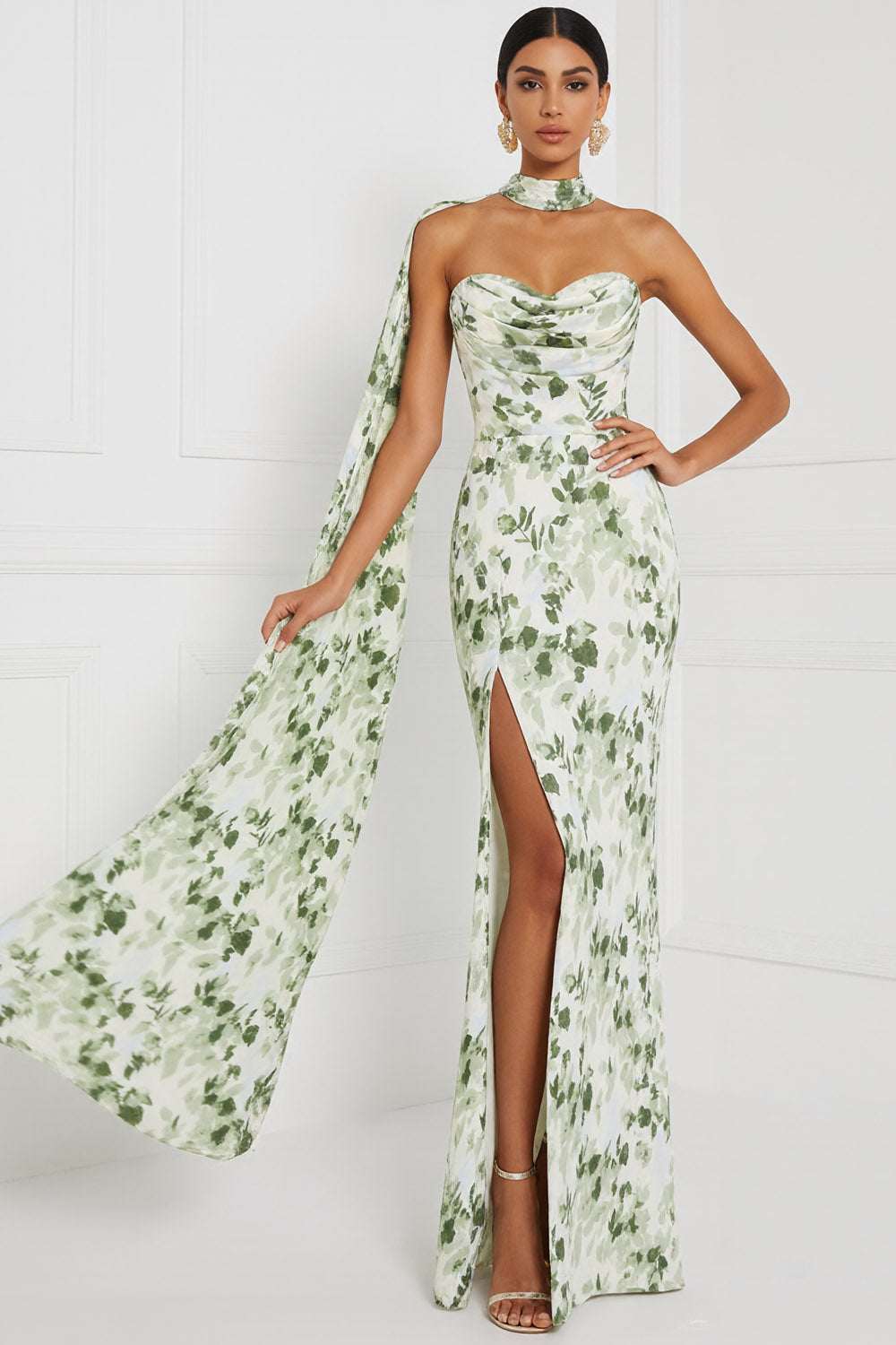 Floral Green Sweetheart Ruched Maxi Bridesmaid Dress with Slit