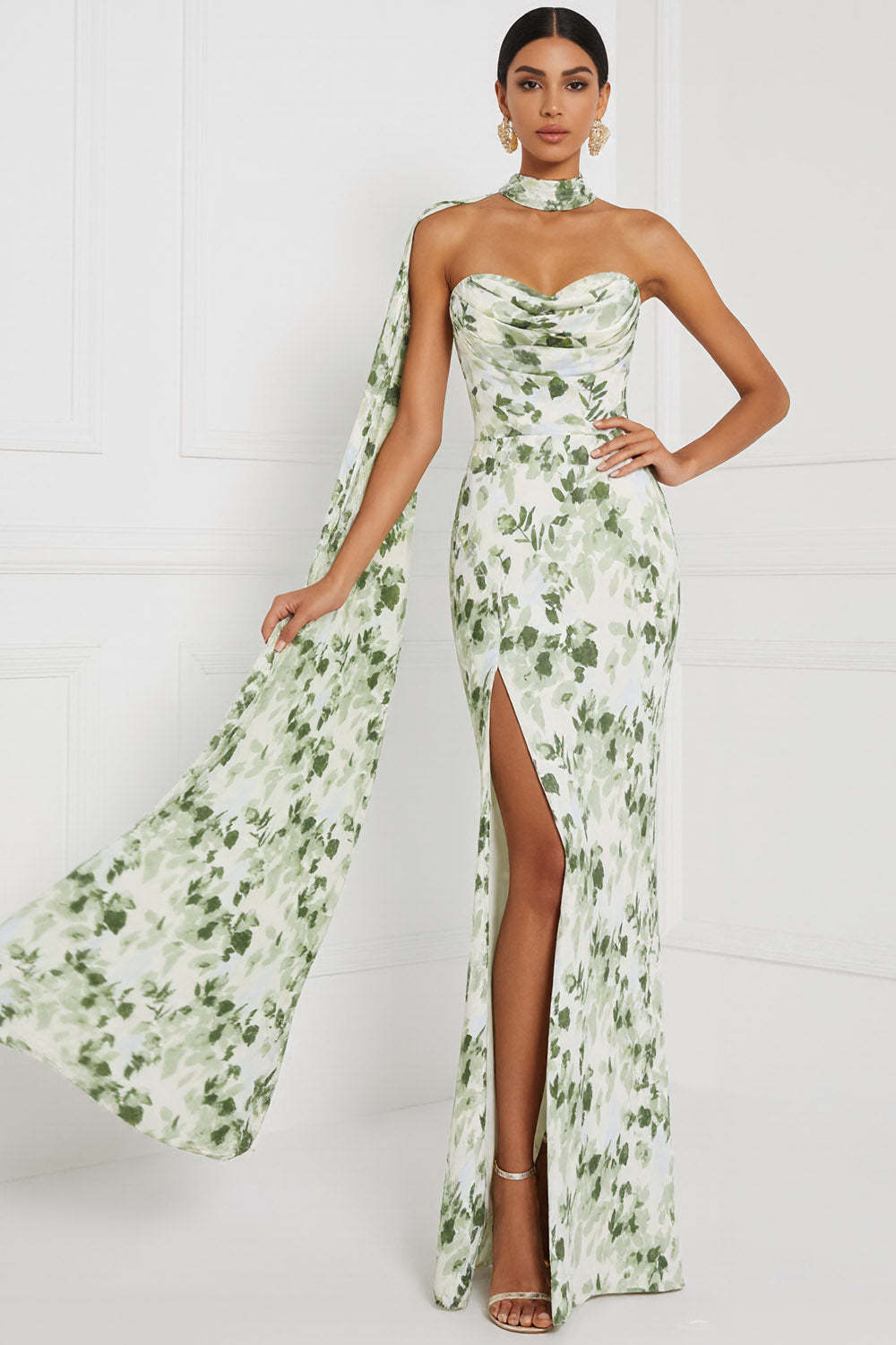 Floral Green Sweetheart Ruched Maxi Bridesmaid Dress with Slit