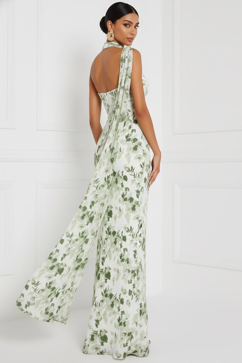 Floral Green Sweetheart Ruched Maxi Bridesmaid Dress with Slit