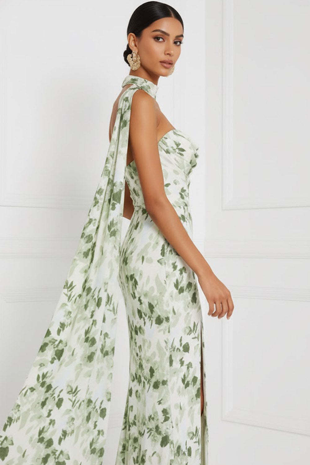Floral Green Sweetheart Ruched Maxi Bridesmaid Dress with Slit