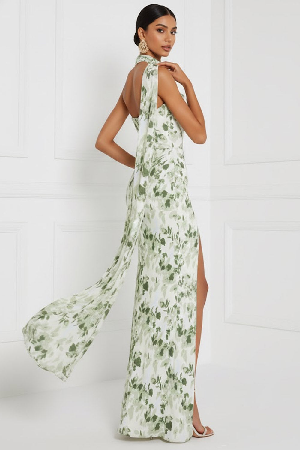 Floral Green Sweetheart Ruched Maxi Bridesmaid Dress with Slit