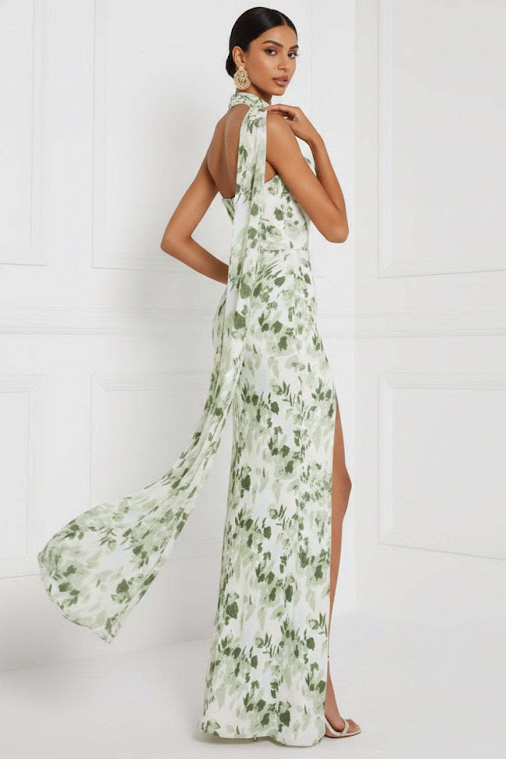 Floral Green Sweetheart Ruched Maxi Bridesmaid Dress with Slit