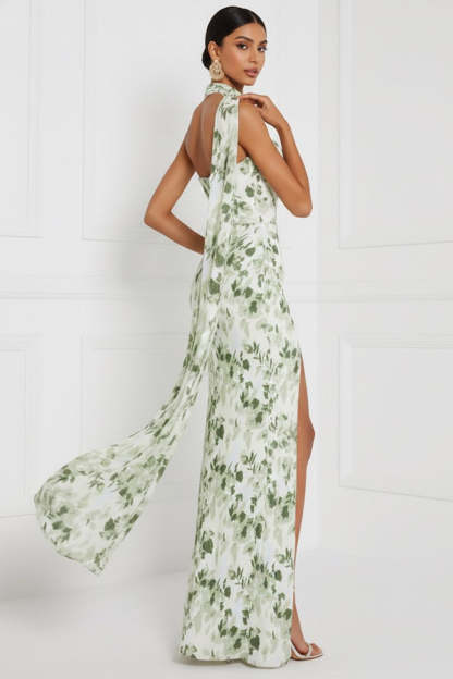 Floral Green Sweetheart Ruched Maxi Bridesmaid Dress with Slit