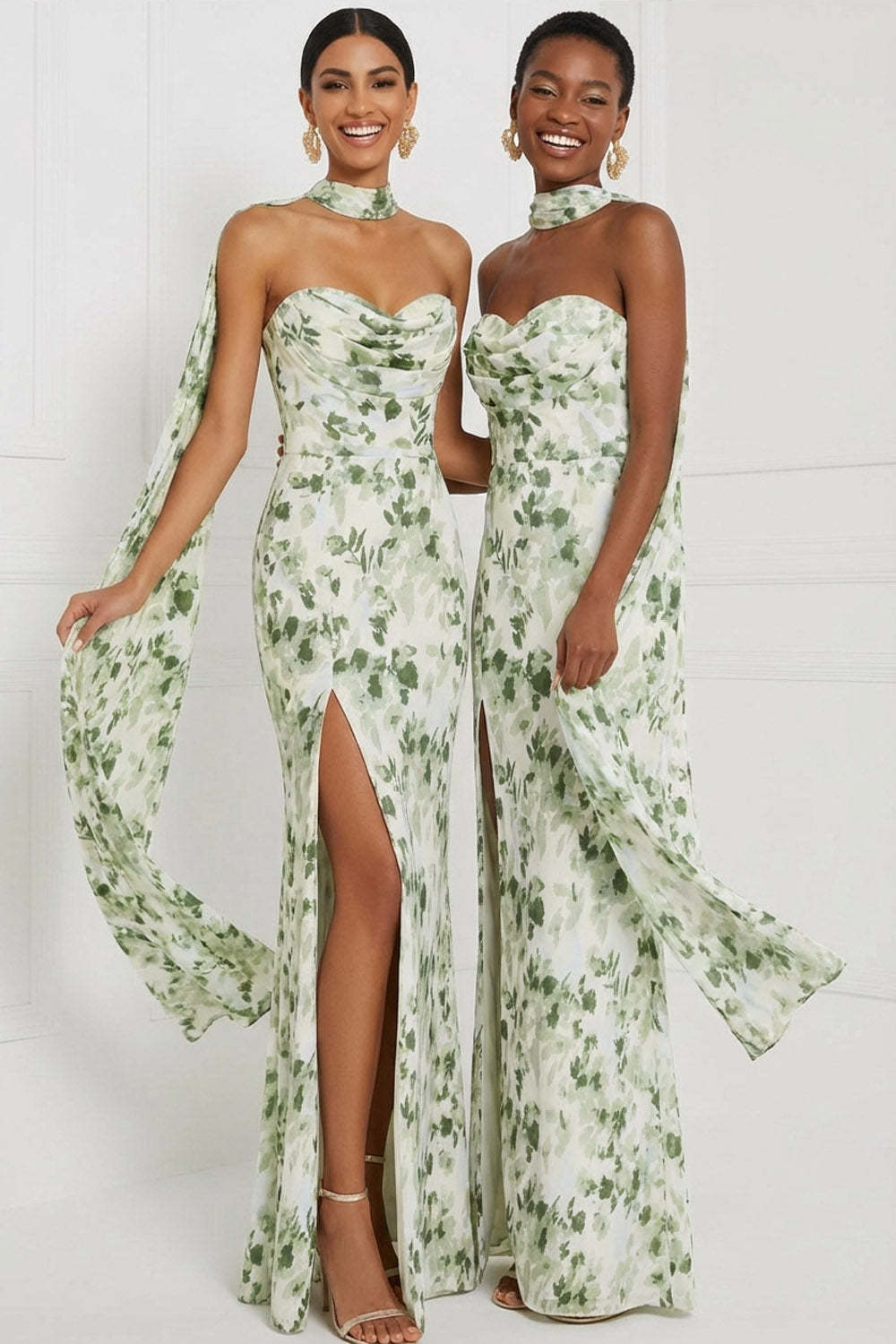 Floral Green Sweetheart Ruched Maxi Bridesmaid Dress with Slit