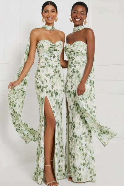 Floral Green Sweetheart Ruched Maxi Bridesmaid Dress with Slit