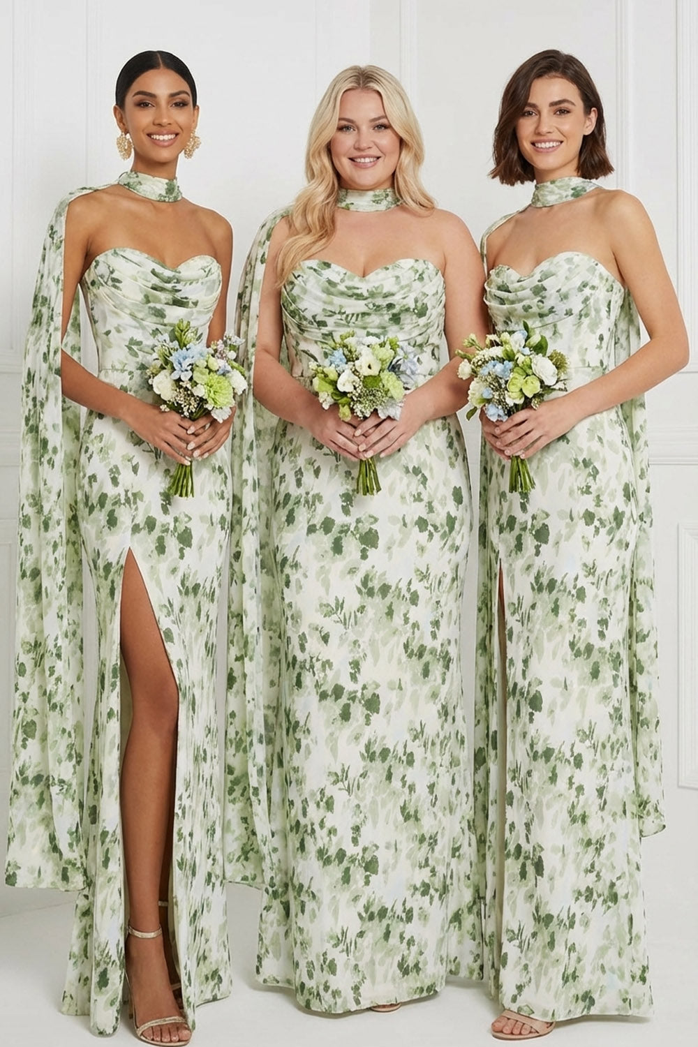 Leely Women Floral Green Maxi Bridesmaid Dress Sweetheart Sheath Neck Scarf Ruched Wedding Guest Dress with Slit