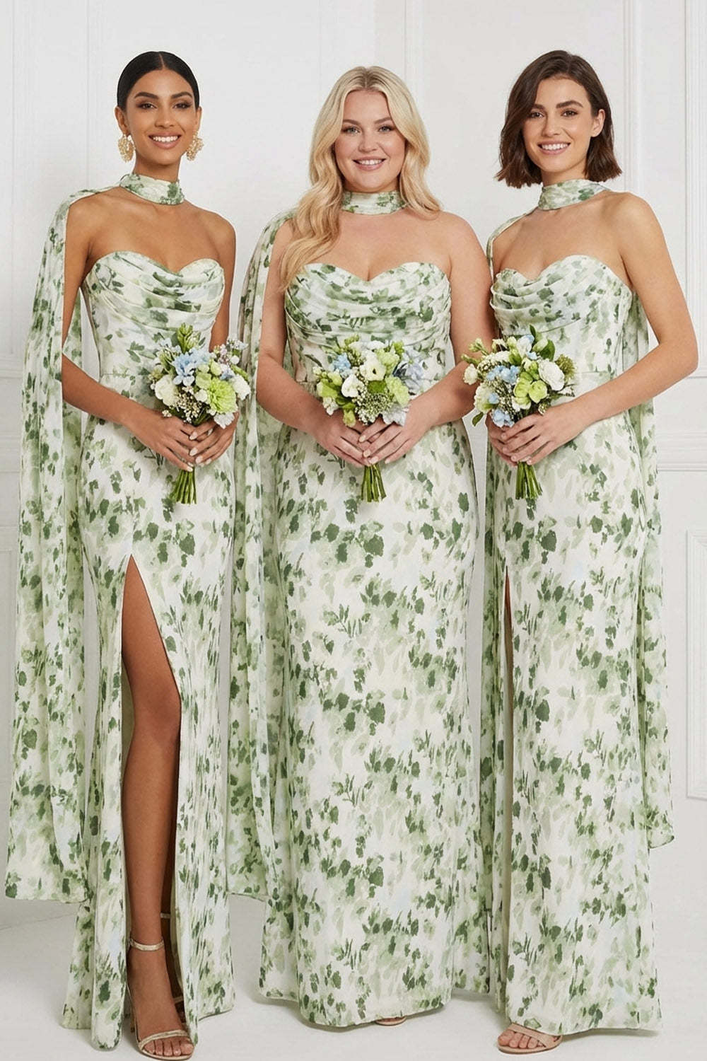 Leely Women Floral Green Maxi Bridesmaid Dress Sweetheart Sheath Neck Scarf Ruched Wedding Guest Dress with Slit