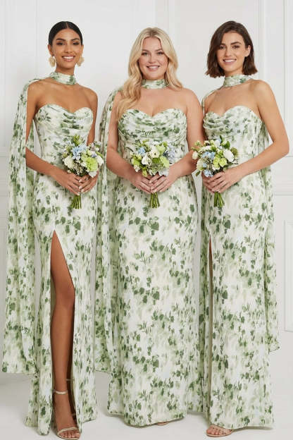 Leely Women Floral Green Maxi Bridesmaid Dress Sweetheart Sheath Neck Scarf Ruched Wedding Guest Dress with Slit