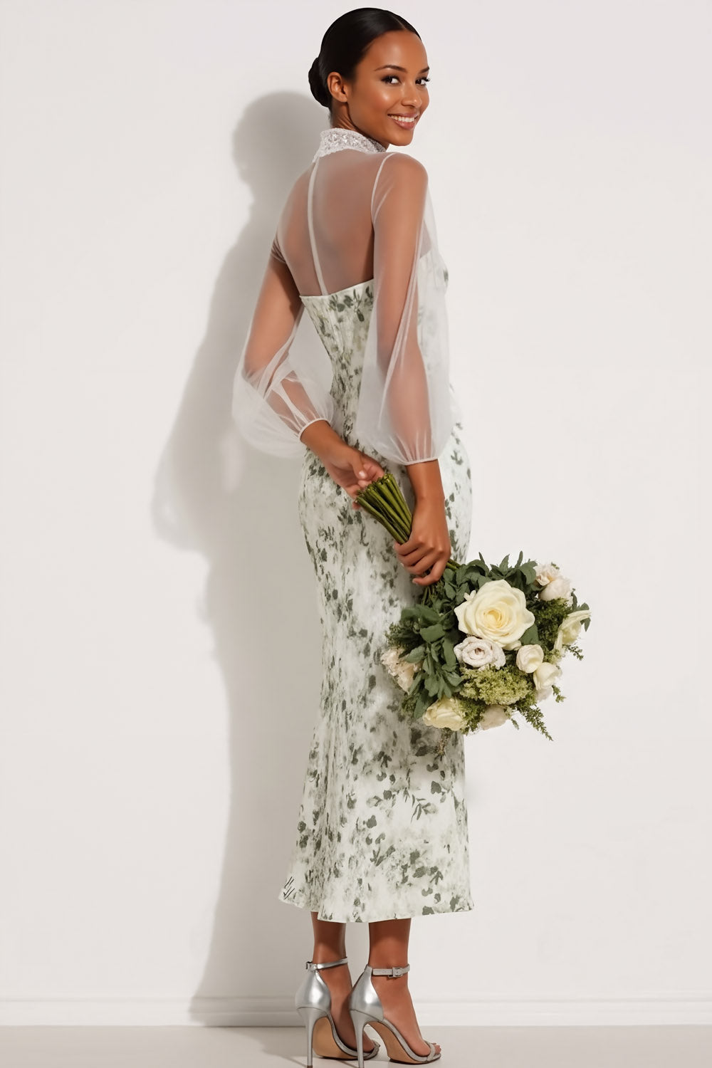 Floral Green Mermaid High Neck Maxi Bridesmaid Dress with Sleeves