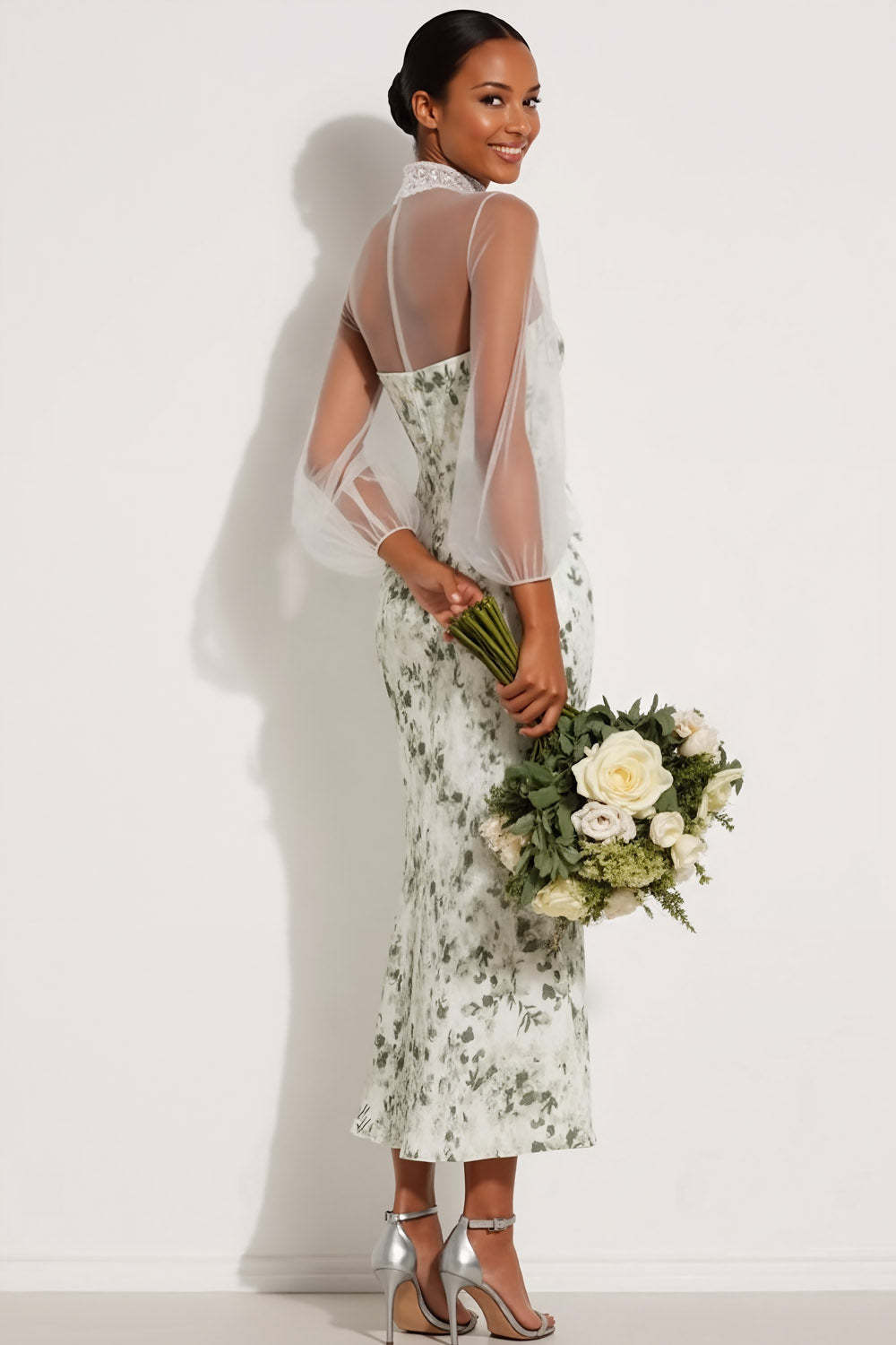 Floral Green Mermaid High Neck Maxi Bridesmaid Dress with Sleeves