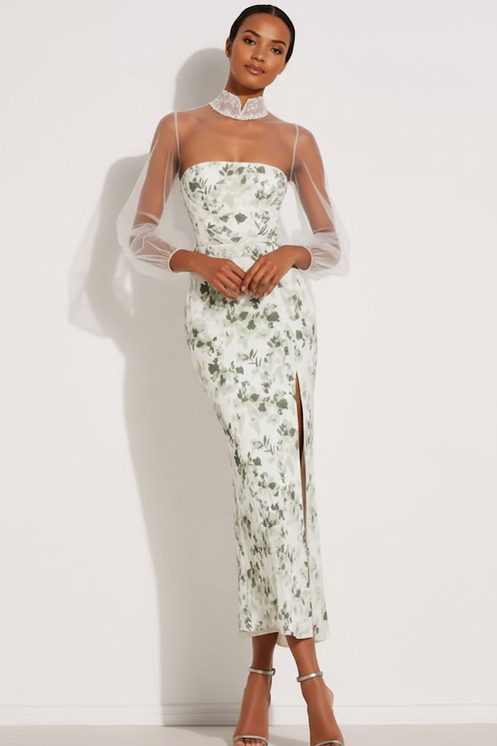 Floral Green Mermaid High Neck Maxi Bridesmaid Dress with Sleeves