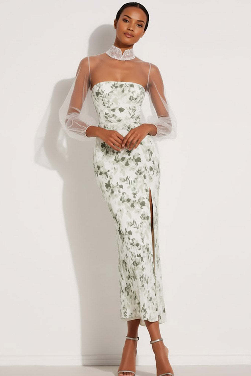 Floral Green Mermaid High Neck Maxi Bridesmaid Dress with Sleeves